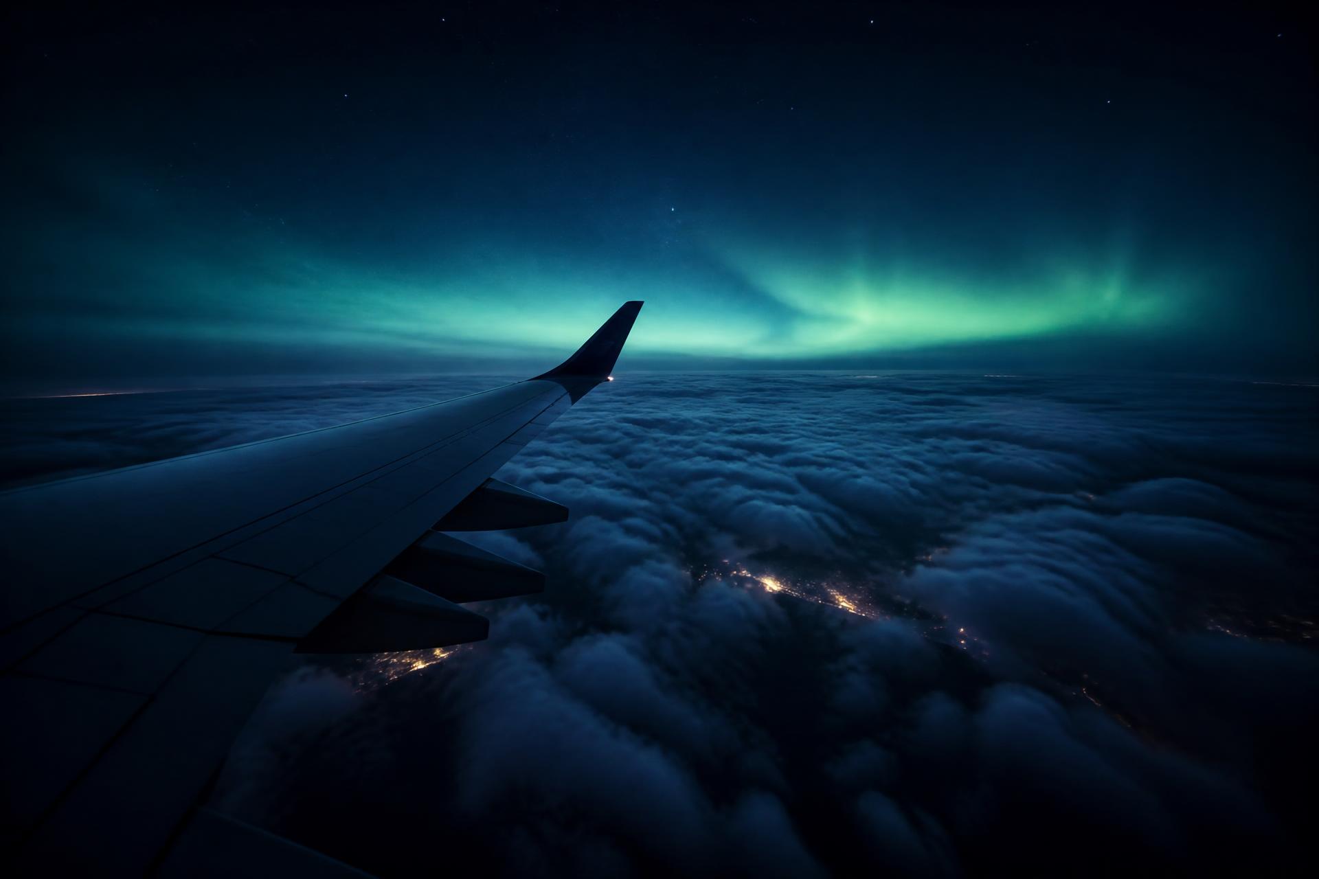 View of an airplane wing above the clouds under a teal aurora at night